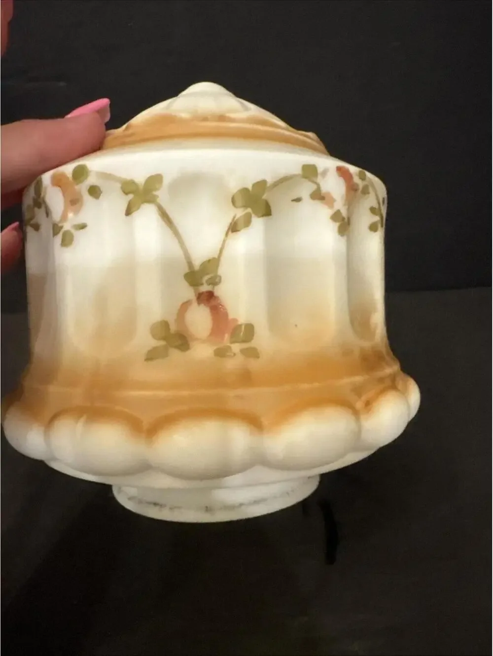 Vtg Handpainted White Matte Glass Pendant Wedding Cake Ceiling Shade 3.25” Fit